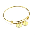 Adjustable gold titanium bangle with round personalized X and Z letter charm pendants - Gold (Double Charms)