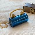 Cylindrical acrylic clutch in bright blue mirror finish with gold lion head handle - Blue