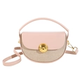 Pink leather and brown woven semicircular handbag with a gold sphere metal buckle - Khaki