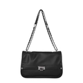 Classic black leather messenger bag with silver twist lock and chain strap - Black