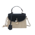 Beige geweven crossbodytas met zwarte lederen flap en witte bloem hanger decor - Zwart