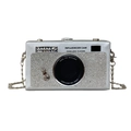 Silver camera shaped crossbody bag with rhinestones and metal chain strap - Silver