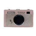 Pink camera-shaped clutch bag encrusted with rhinestones and influencer cam text - Pink
