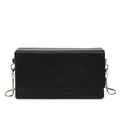 Minimalist black leather crossbody bag with silver chain and embossed branding text - Black