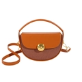 Brown leather and fabric semicircular saddle bag with golden spherical lock detail - Dark Brown