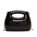 Glossy black acrylic handbag with minimalist curved design and gold chain strap - Black