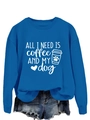 Detail of royal blue crewneck sweatshirt with All I Need coffee and dog print graphic - Lake Blue (White Font)