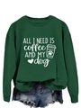 Detail of ALL I NEED coffee and dog print on dark green crewneck sweatshirt fabric - Dark Green (White Font)