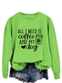 Detail of neon green crewneck sweatshirt with ALL I NEED IS coffee AND MY dog print - Neon Green (Black Font)
