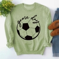 Pale green crewneck sweatshirt with black Game Day print and football graphic design - S / Olive Green (Black Font)
