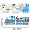 Blue DIY wooden Christmas train ornament with snowman and reindeer puzzle figures - Blue Snowman Train with Stars