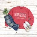 Flat lay of red Wine Tasting sweatshirt paired with jeans and shoes on wood background - S / Red (White Font)