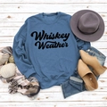 Flat lay of Whiskey Weather lettered sweatshirt with seasonal fashion accessories - S / Blue Sweatshirt (Black Font)