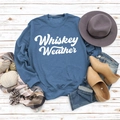 Flat lay of indigo Whiskey Weather sweatshirt with autumn accessories on white wood - S / Blue Sweatshirt (White Font)