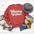 Flat lay of dark red Whiskey Weather sweatshirt with autumn accessories and decor - S / Red Sweatshirt (White Font)