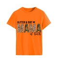 Detail of GLITTER & DIRT MAMA leopard print on a vibrant orange crewneck cotton T-shirt - S / Orange