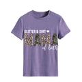 Detail of GLITTER & DIRT MAMA text print with leopard and camo patterns on purple T-shirt - S / Purple