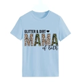 Detailed close-up of light blue cotton T-shirt featuring Glitter Dirt Mama graphic print - S / Light Blue