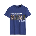 Detail of GLITTER & DIRT MAMA text with leopard print on a navy blue cotton t-shirt - S / Vintage Blue