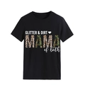 Detailed view of Glitter & Dirt MAMA print on a black crew neck short sleeve t-shirt - S / Black