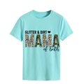 Close-up of GLITTER & DIRT print with leopard and camo patterns on mint cotton t-shirt - S / Deep Water Blue