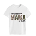 Detailed view of the GLITTER & DIRT MAMA print with leopard and camo patterns on white t-shirt - S / White