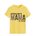 Close-up of yellow T-shirt showing Glitter & Dirt Mama letter print with leopard camo - S / Yellow
