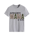 Close-up of GLITTER & DIRT MAMA print with leopard and camo patterns on grey cotton t-shirt - S / Light Gray