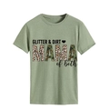 Detail of GLITTER & DIRT printed t-shirt showing leopard and camo pattern on MAMA text - M / Olive Green