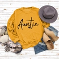 Flat lay of ginger Auntie print sweatshirt with jeans, hat, and autumn accessories - S / Yellow Sweatshirt (Black Font)