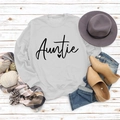 Flat lay of light grey Auntie sweatshirt with autumn accessories on white wood - S / White Sweatshirt (Black Font)