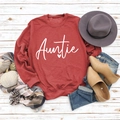 Flat lay of red Auntie sweatshirt with blue jeans, autumn hat and plaid scarf accessories - S / Red Sweatshirt (White Font)