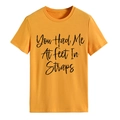T-shirt gialla da donna girocollo con stampa nera You Had Me At Feet In Straps - Taglia S / Top / giallo senape