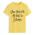 T-shirt da donna gialla a girocollo con stampa nera You Had Me At stile casual - Taglia S / Top / Giallo