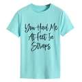 T-shirt azzurra da donna con girocollo e stampa You Had Me At in stile flat lay - Taglia S / Top / blu profondo