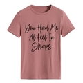 T-shirt da donna a maniche corte girocollo rosa antico con scritte nere stampate - Taglia S / Top / Oro Rosa (Carattere Nero)