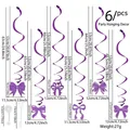 6-piece set of purple spiral bow party decorations with detailed size specifications - Purple Bow Spiral Hanging Swirls