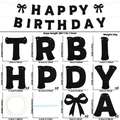 Striscione Happy Birthday glitter nero con fiocchi e specifiche delle dimensioni set - Banner di Lettere con Brillantini Neri