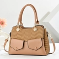 Modische Khaki-Leder-Patchwork-Tragetasche mit goldenen Details und Schultergurt - Dunkles Khaki