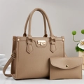 Beige lychee pattern handbag and wallet set with gold hardware and shoulder strap - Khaki