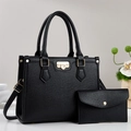 Ensemble sac à main en cuir noir à motif litchi avec ferrures dorées et petite pochette - Ensemble de 2 pièces (Sac à main + Pochette) / Noir