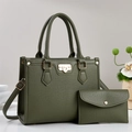 Dark green lychee texture leather handbag set with shoulder strap and clutch bag - Green