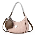 Pink woven crescent hobo bag with brown leather trim and detachable coin purse - Pink