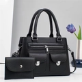 Black pebbled leather tote bag set with detachable strap and small pouch accessory - Black