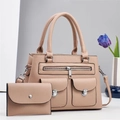 Beige faux leather handbag set with matching clutch and silver hardware detail - Pink