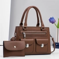 Brown lychee textured leather tote bag set with silver hardware and front zipper pockets - Coffee