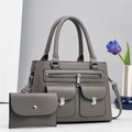 Gray faux leather handbag and wallet set with litchi texture and multiple pockets - Gray