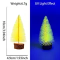Miniature yellow fluorescent Christmas tree with wood base showing UV glow effect - 10CM Fluorescent Yellow Tree