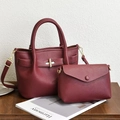 Vintage burgundy lychee texture tote and crossbody bag set on a wooden table - Burgundy