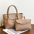 Retro lychee texture leather crossbody bag set with gold twist lock and matching pouch - Khaki